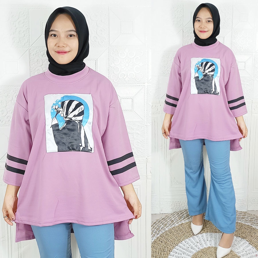 CARLINA SETELAN BASIC WANITA HIJAB ATASAN OVERSIZE DAN CELANA BIRU PANJANG ZUBRAY