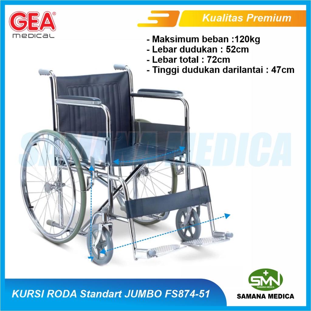 Kursi Roda Standart Rumah Sakit JUMBO GEA FS874-51 Beban Max 120kg Cocok Untuk Berbadan Gemuk Promo Murah