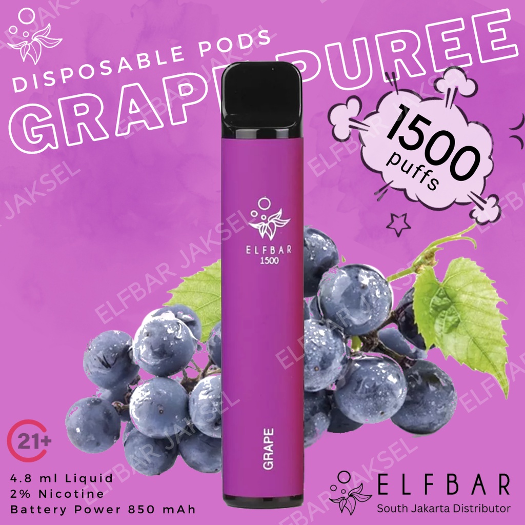 ELFBAR 1500 Puffs Grape | ELF BAR 1500 Disposable Pod Tangy Purple | Vape Sekali Pakai Arief Muhammad | Best Disposable Pods Indonesia | RELX ViFX Gippro FNF Puff