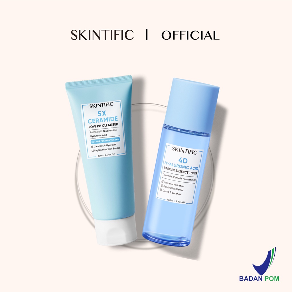 SKINTIFIC-5X ceramide low ph cleanser 80ml Sabun Cuci Muka Pembersih / 4D Hyaluronic Acid Barrier Essence Toner 100ml Toner Pelembab【BPOM】