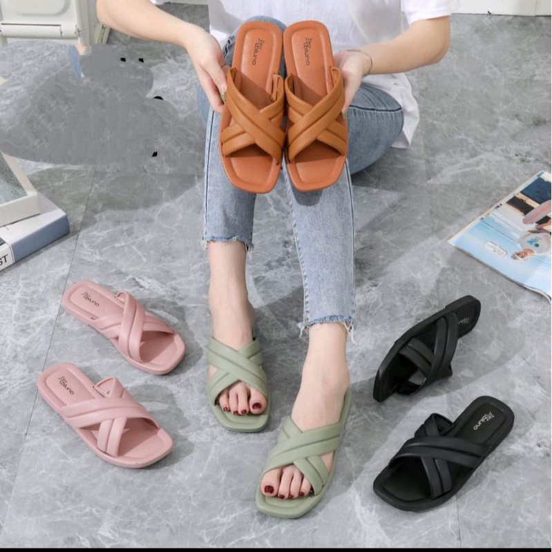 Sandal Wanita Model Silang Double Strap Sendal Selop Tali Strap Cewek Kekinian