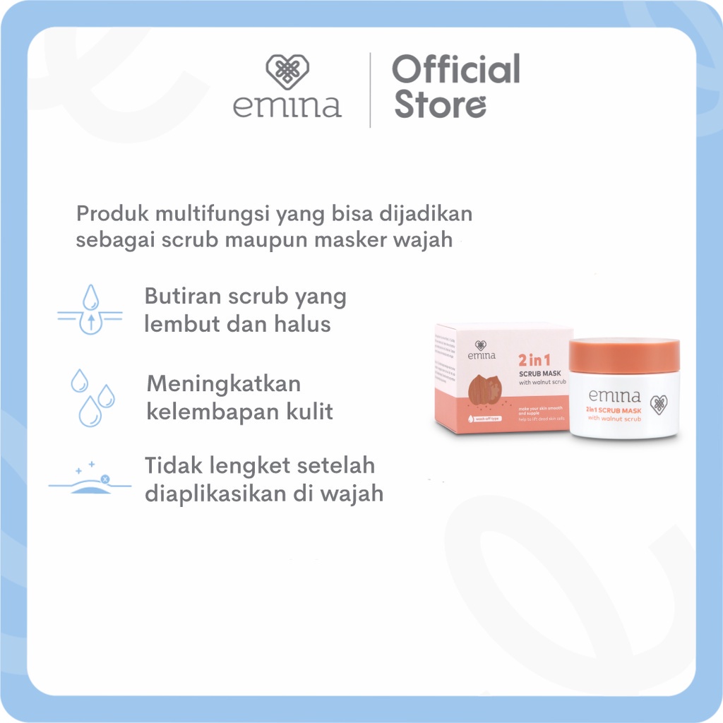 Emina 2 in 1 Scrub Mask 50 ml - Masker Eksfoliasi Wajah Mencerahkan Melembabkan Rumah Cantik 354