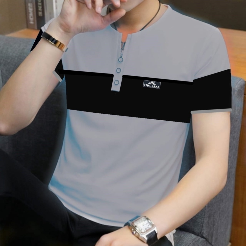kaos distro pria kerah V neck  lengan pendek kombinasi /baju kaos pria terbaru kerah oblong