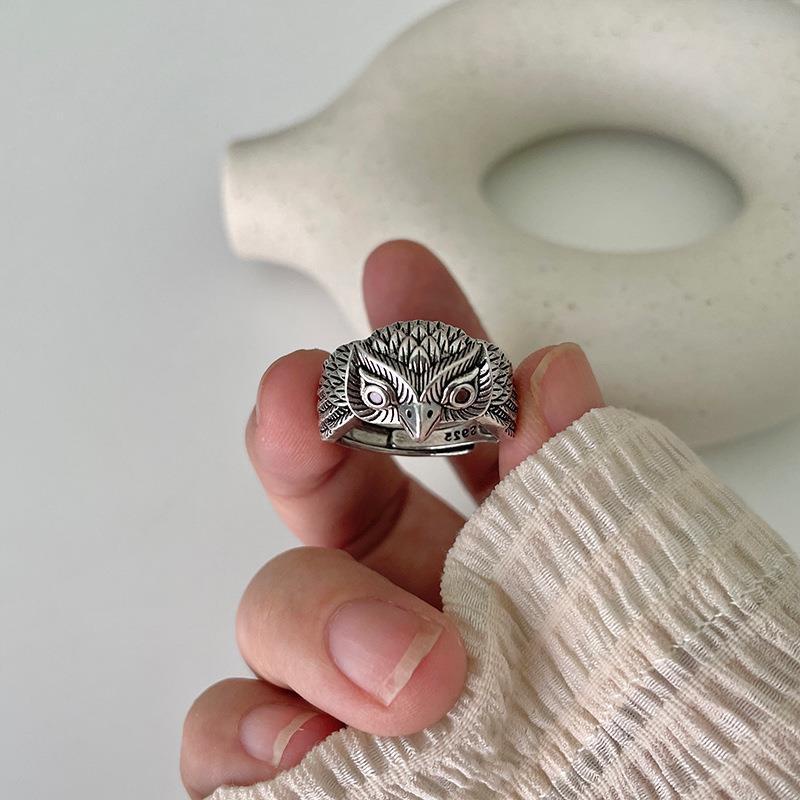 Cincin Model Terbuka Desain Burung Hantu Warna Silver Gaya Hip Hop Eropa Amerika Untuk Pria