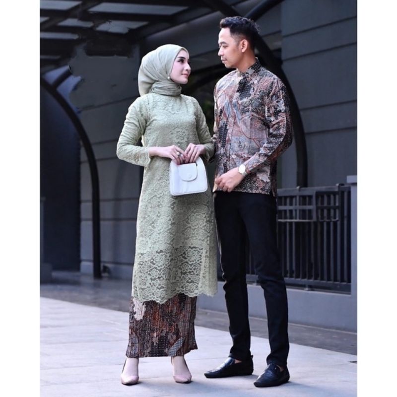 Permata Olshop / Setelan Kebaya Tunik Brukat Couple Kemeja Batik / Kebaya Couple Tunangan / Kebaya Lamaran Couple Batik / Serimbit Kebaya Modern