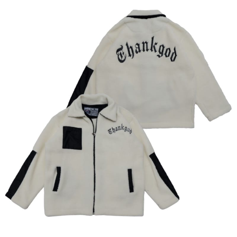 ZEUZ Sherpa Jacket THANK GOD PUTIH Trendy
