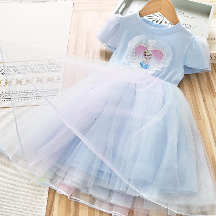 Anak Perempuan Frozen Elsa Dicetak Tulle Princess Dress Anak Lengan Panjang Elsa Gaun Pesta