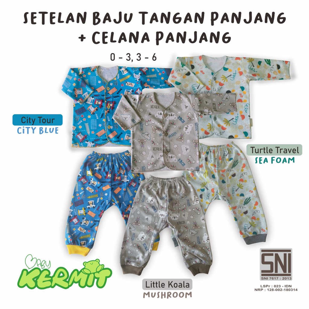 BABY KERMIT - Setelan Baju Tidur Lengan Panjang Bayi 0-6 Bulan Motif Premium SNI Set Piyama Baby SNI
