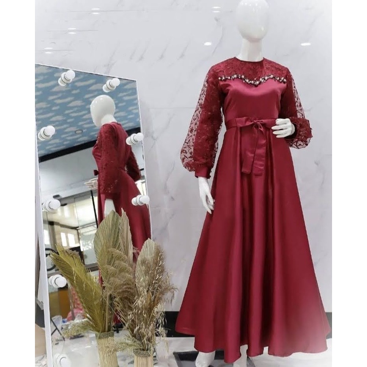 ELDE 12 - MAXI DRESS MILA MAXY ( L - XL - XXL ) BAHAN VELVET FULL DEPAN BELAKANG LAPIS TILE MUTIARA DAN APLIKASI MUTIARA TEMBAK, SLETING BELAKANG DAN TALI IKAT NEMPEL KIRI DAN KANAN