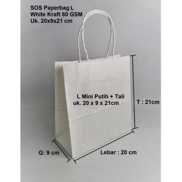 

Paperbag SOS L PUTIH TALI TWIST Uk. 21x9x21cm . 80 Gsm ( isi: 10 Pcs )