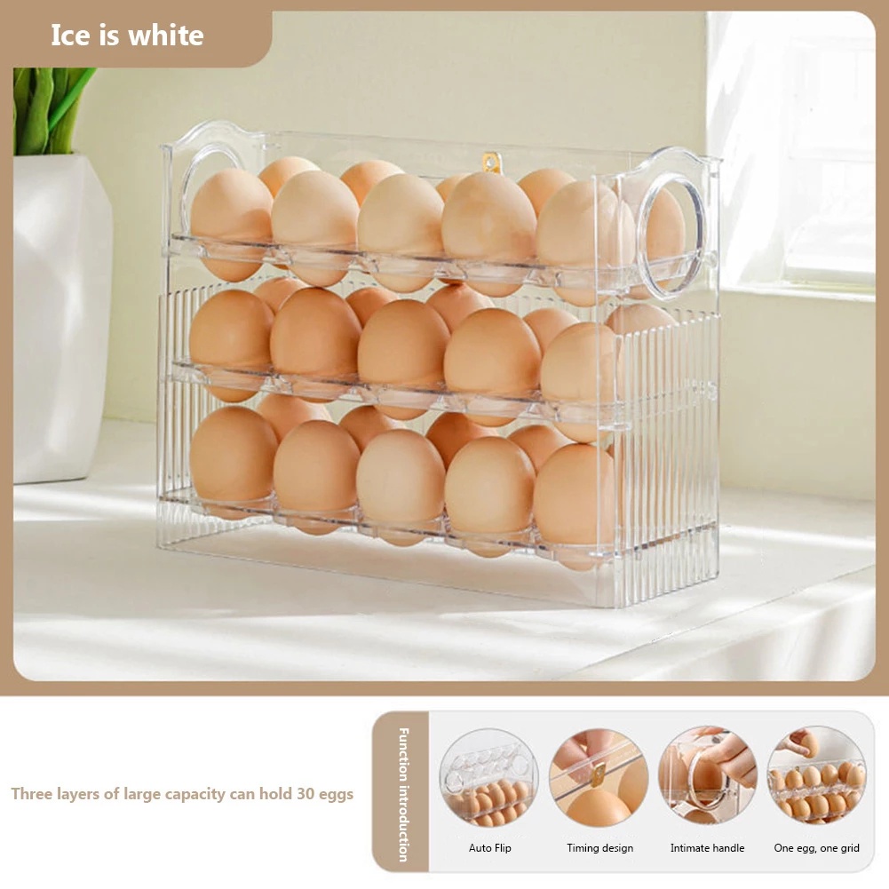 Rak Penyimpanan Telur Model Flip 3 Lapis 30 Grids Transparan Untuk Kulkas