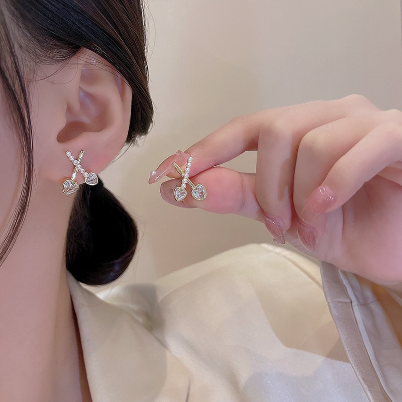 Anting Tusuk Sterling silver 925 Desain Hati Hias Zircon + Mutiara Mewah Untuk Wanita