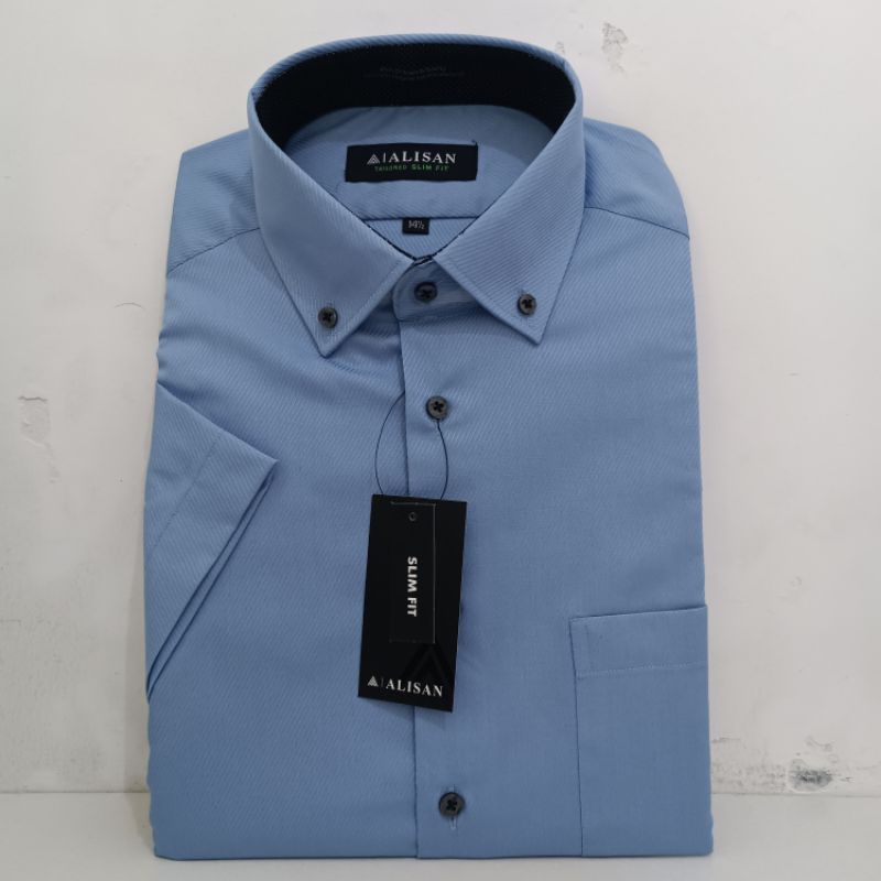 Alisan Kemeja Pria Slimfit Lengan Pendek Dobby Biru2 Dalam Bintik Putih Kerah Kancing