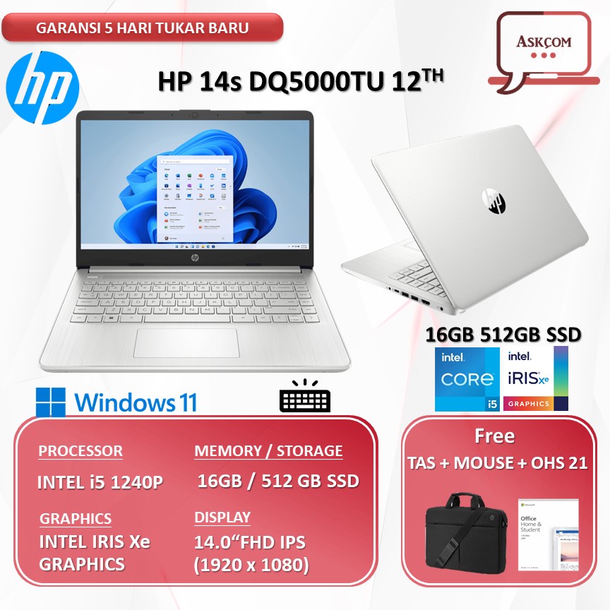 Laptop HP 14S DQ4016TU/DQ5001TU/DQ5000TU I5 1240P 16GB 512SSD IRIS Xe 14.0FHD IPS W11+OHS
