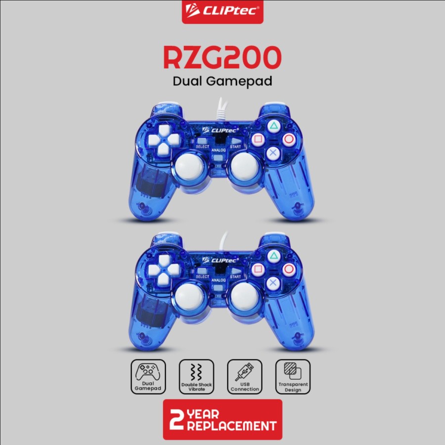 Gamepad double cliptec wired usb 2.0 dual shock transparent for pc cpu laptop ps3 rzg-200 rzg200 - joy-stick controller transparan