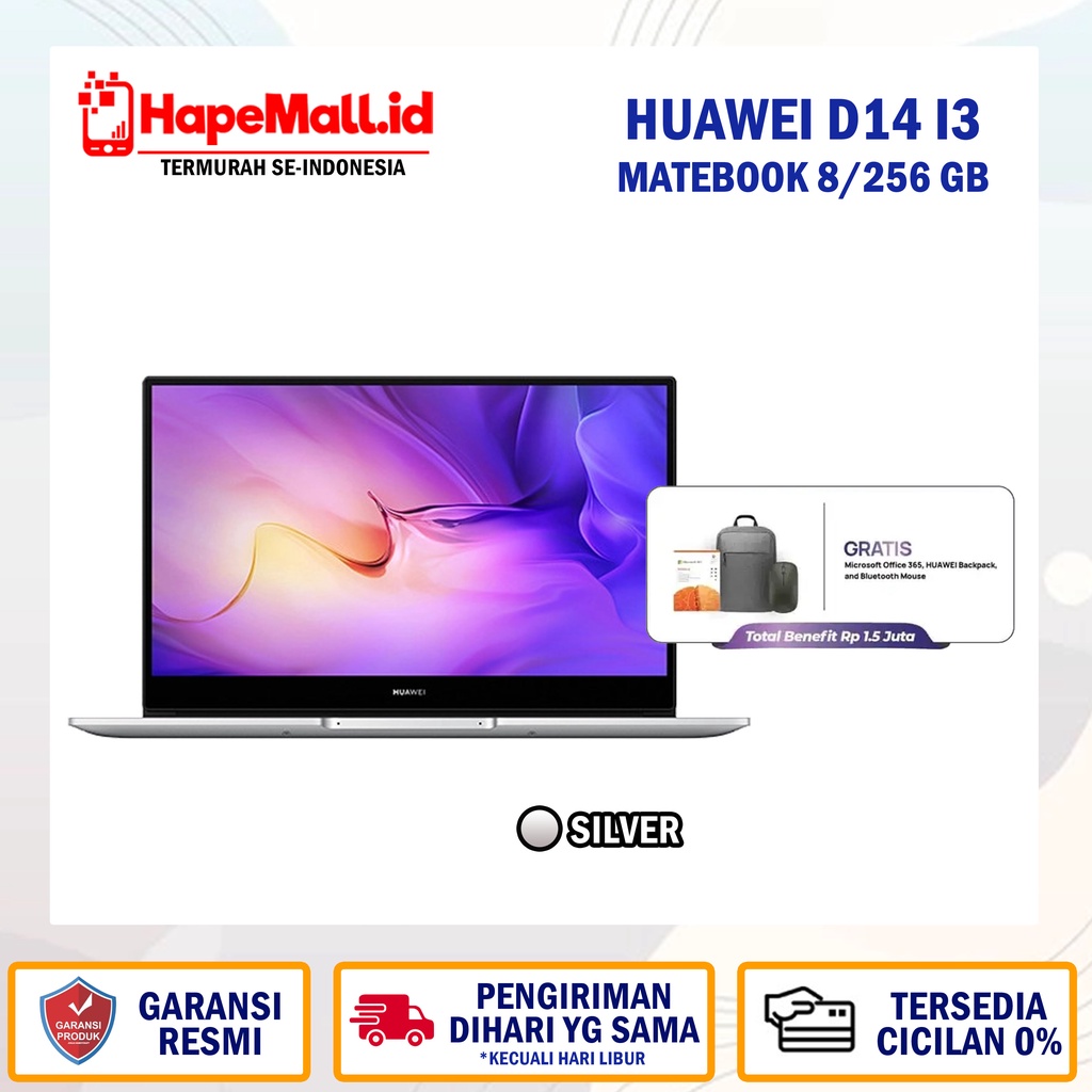 HUAWEI MATEBOOK D14 INTEL CORE I3 RAM 8/256 GB GARANSI RESMI HUAWEI TERMURAH