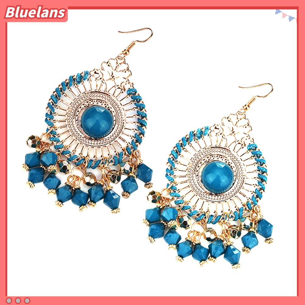 Bluelans Anting Kait Gantung Wanita Desain Rumbai Manik Bulat Gaya Bohemia Retro