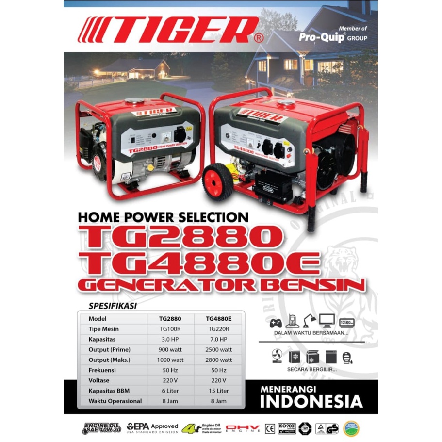 Genset Tiger TG2880 TG 2880 900 Watt Maksimal 1000 Watt Bensin