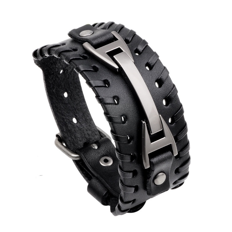 [Z H Jewelry] Hip Hop Rock Pria Fashion Kulit Gelang Stainless Steel/Aksesoris Perhiasan Pesta