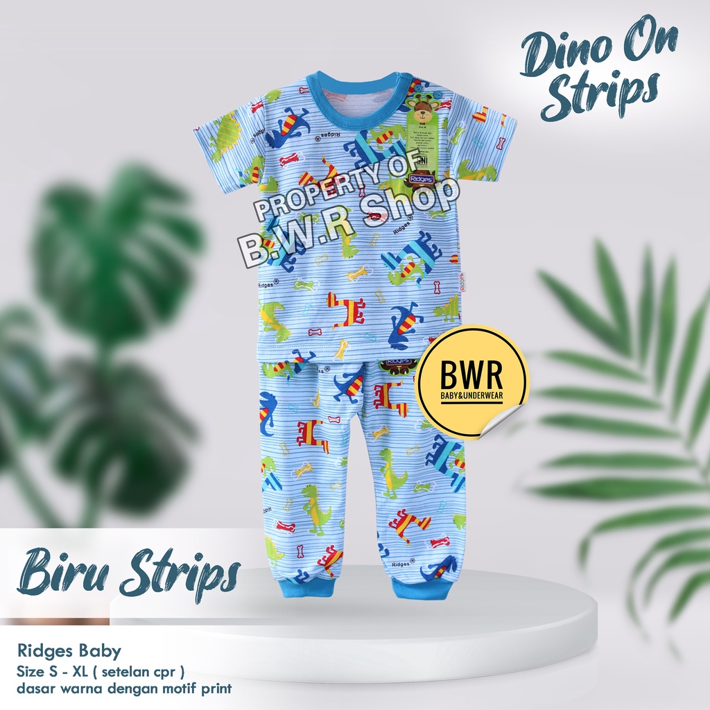 [ 3 Setel ] CPR Ridges Dino On Strips Terbaru / Setelan Ridges Baju Bayi Piyama Anak Unisex Kaos Pendek Celana Panjang Terlaris 10rs | Bwr