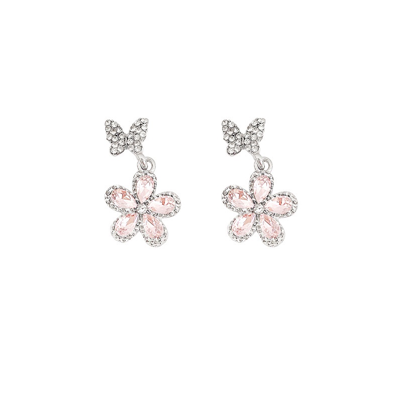 Anting Tusuk Sterling Silver 925 Desain Bunga + Kupu-Kupu Hias Kristal Zircon Mewah Untuk Wanita