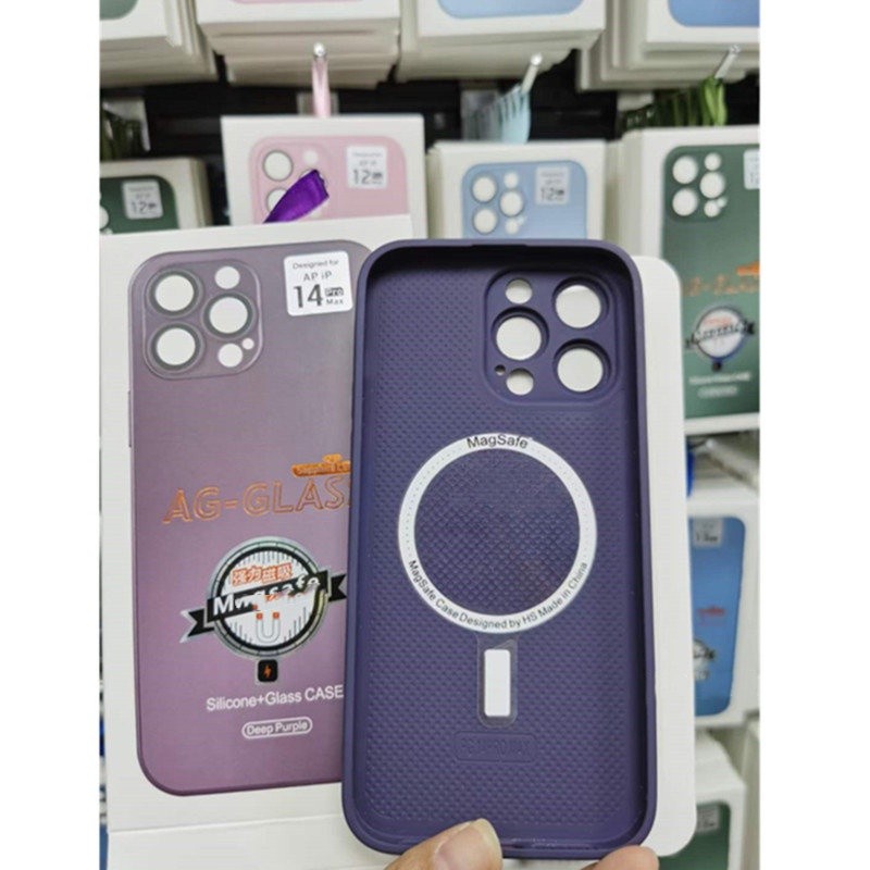 Case Kaca Buram Magnetik Wireless Charging Warna Ungu Tua Untuk iPhone 14 13 12 11 Pro Max 14ProMax