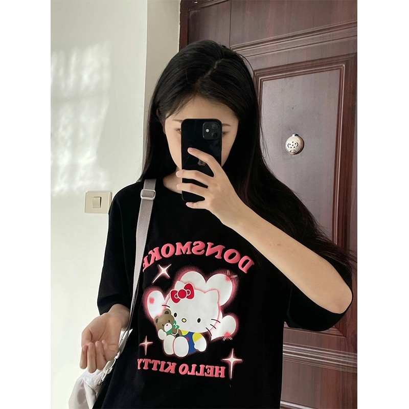 EUNII T-shirt Lengan Pendek Imut Kartun Melodi Pencetakan Longgar Korean Style/Kaos Atasan Wanita/Baju Kaus Oversize Wanita