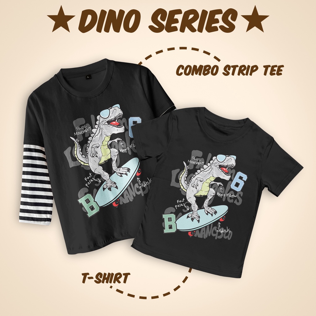 Kaos Anak Terbaru Lengan Sambung Strip Tshirt Anak Unisex Motif Dino Skateboard