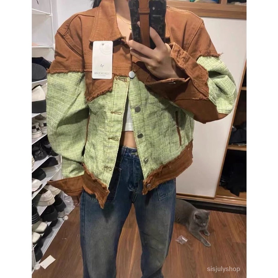 #Sisjuly# Jaket denim jaket wanita baru dupa kecil dupa angin splicing rasa longgar pasang atas