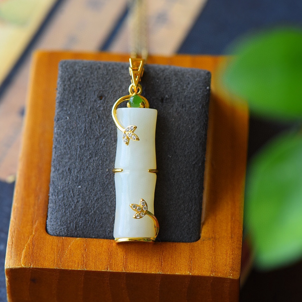 Goldkingdom Fashion Perhiasan 24K Bangkok Aksesoris Ready Stock Hetian Giok Putih Bambu Liontin Perempuan Gilt Simpul Naik Tinggi Kalung Rantai Klavikula Bambu Yang Kaya