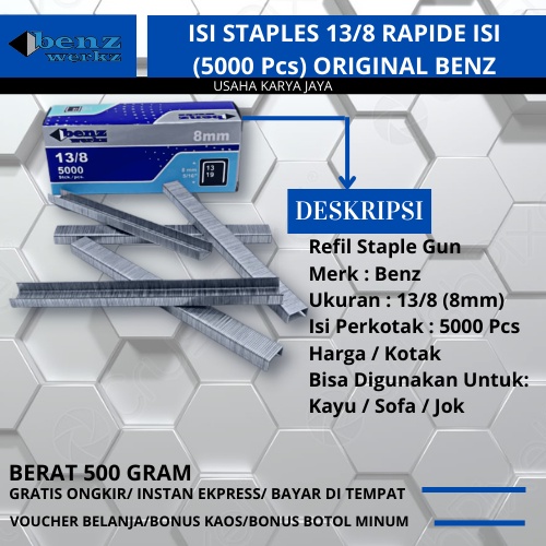 

Isi Staples 13/8 Refil Staples Tembak R23 8mm Isi (5000 Pcs / Kotak) Benz Original Terbaru Staples Tembak Jok / Sofa / Kayu / Tembakan Tangan R23 / Isi Gun Tracker / Termbakan Tangan / Isi Staples Manual / Isi Rapid 8mm / Terlaris Usaha Karya Jaya