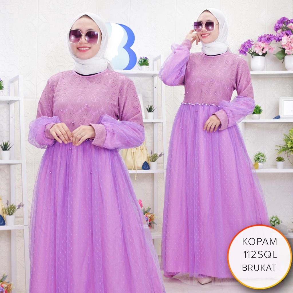 Gamis Pesta Brukat Malika Putring Tile Variasi Mutiara Tangan Balon Kopam