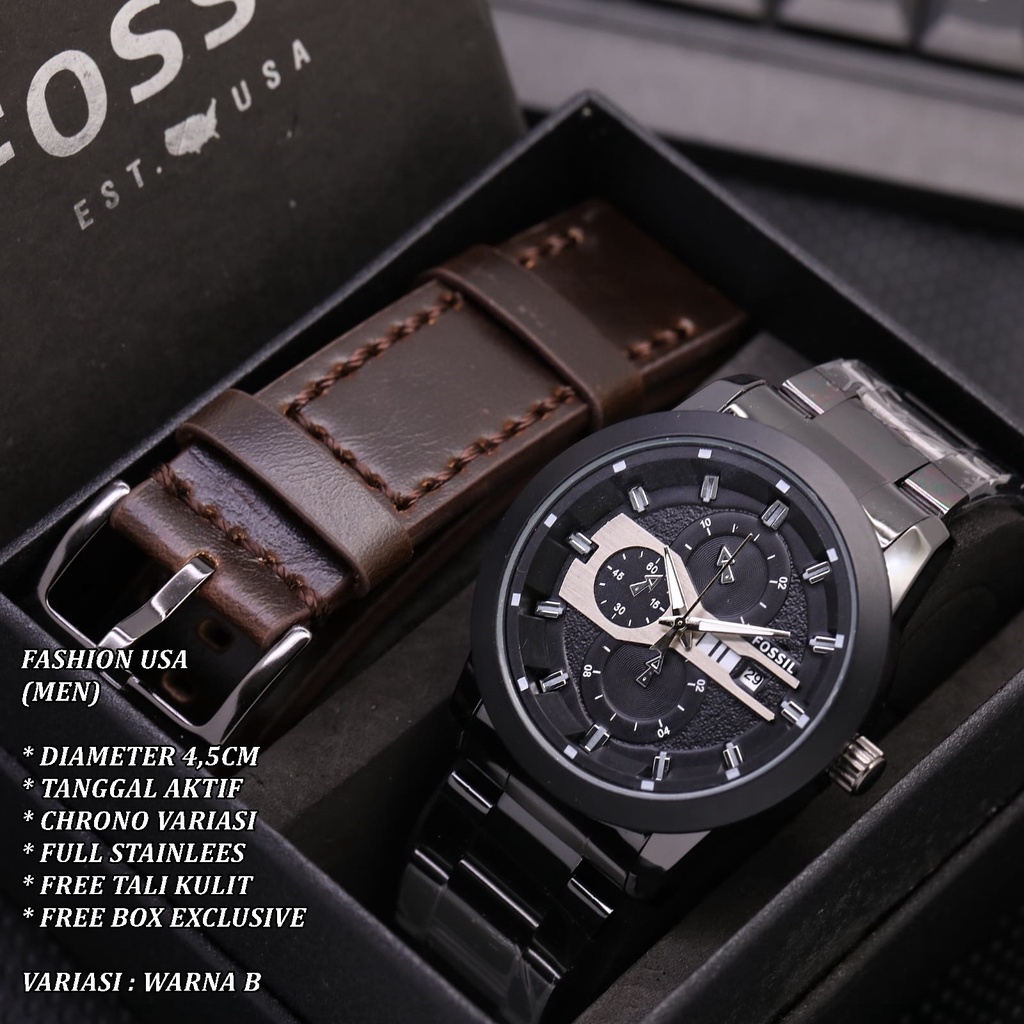 (FREE BOX) JAM TANGAN PRIA FASHION RANTAI BODY BULAT TANGGAL AKTIF FREE TALI KULIT