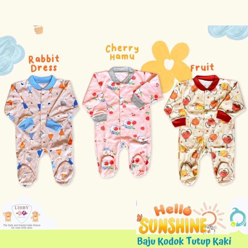 3 Pcs LIBBY Motif Baju Kodok Oblong Panjang Boy/Girl Buka Kaki/tutup kaki size Newborn (0-3m) tanpa mika