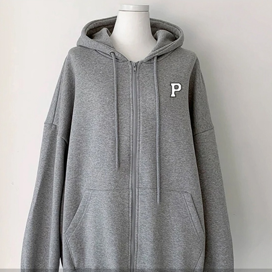 Jacket Hoodie Zipper Initial P Oversize - Bahan Fleece - Size XXL