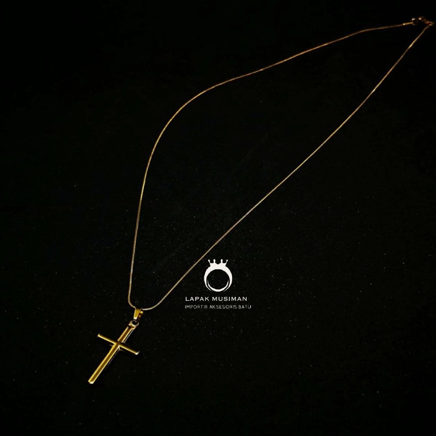 [Bayar Di Tempat] Kalung Pria Wanita Titanium Gold Kuning Model Salib Anti Karat Asli