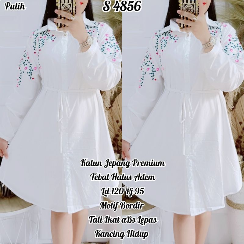 4856 #Tunik Katun Jepang premium warna Putih motif  Bordir  4L