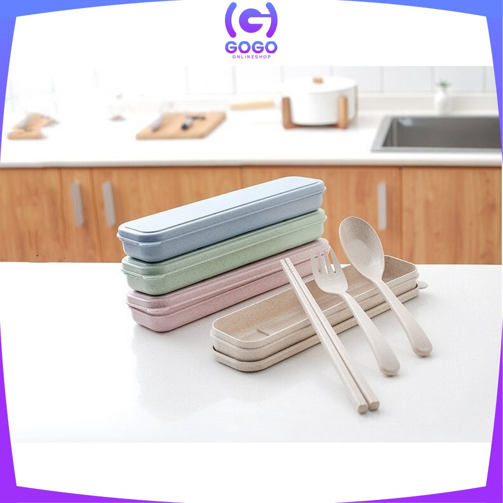 GOGO-C176 Sendok Garpu Sumpit 3in1 Travel Cutlery Set Alat Makan Set Korea Bahan Jerami Gandum Impor