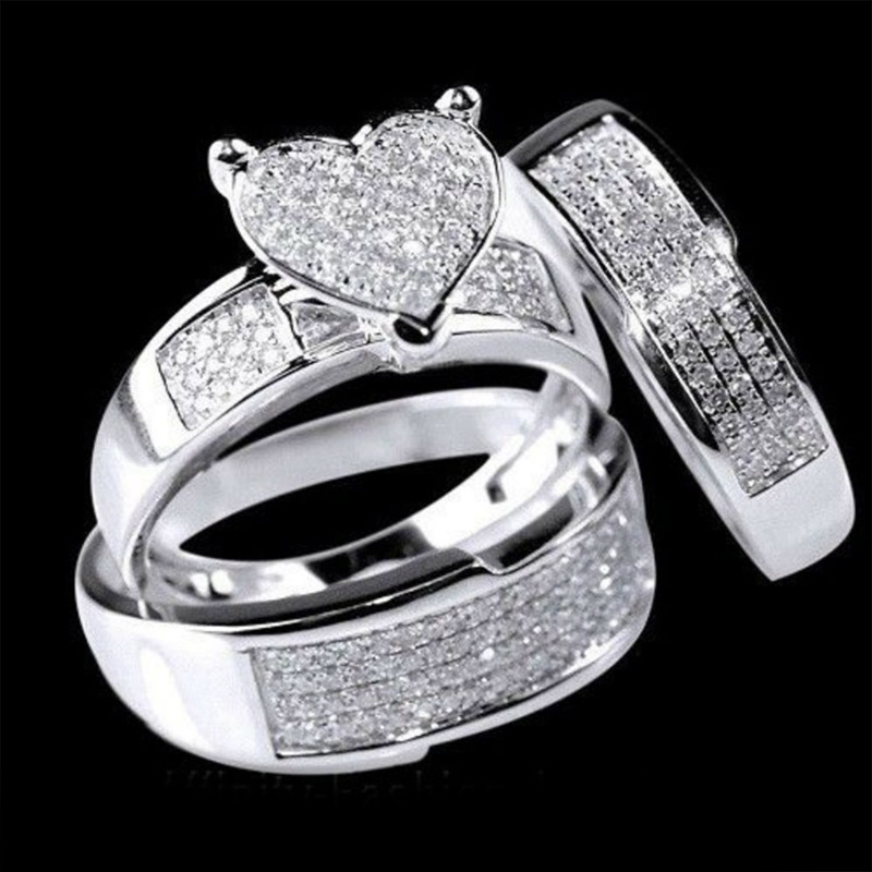 Fancyqube 3pcs / Set Cincin Sterling Silver 925 Bentuk Hati Hias Batu Sapphire Putih Untuk Wanita