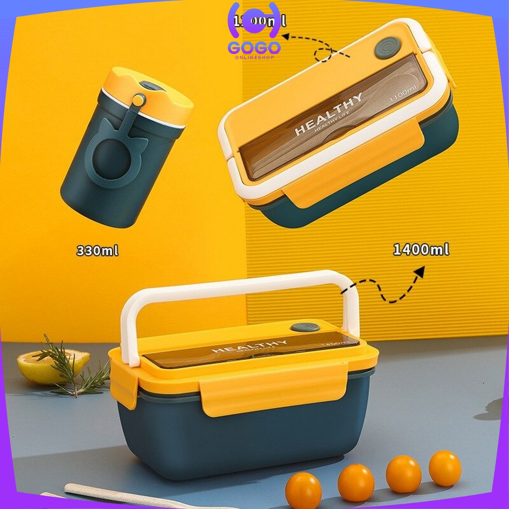 GOGO-C718 Kotak Tempat Makan Set Free Sendok Garpu dengan Pegangan Anti Tumpah / Tempat Bekal Bento Box BPA Free