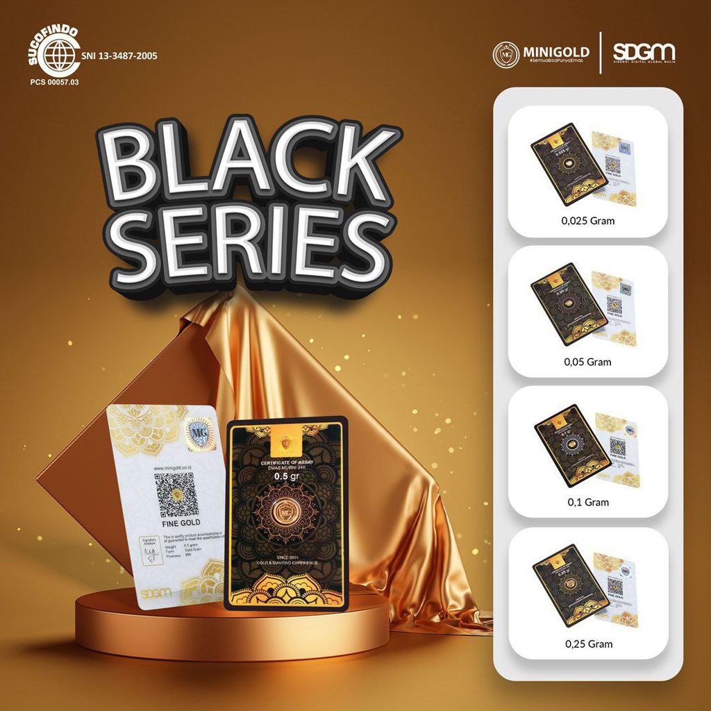 MINIGOLD Reguler Black Series 0.05 Gram Kemasan Laminating TERMURAH TERLARIS Emas Mini Emas Batangan Logam Mulia Murni 24 Karat Bersertifikat Resmi Asli Original Tabungan Emas Souvenir Keren Mewah