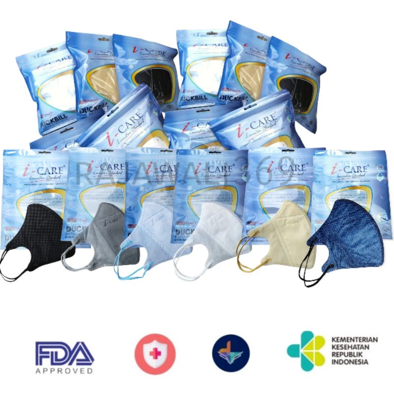 MASKER DUCKBILL I-CARE POUCH ISI 25PCS/SACHET AKD KEMENKES MEDICAL GRADE HITAM BIRU KUNING ABU PUTIH