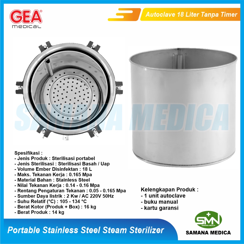 Autoclave atau Autoklaf GEA YX 18LM Portable Stainless Steel Steam Sterilizer 18 Liter GEA YX 18LM Tanpa Timer Promo Murah