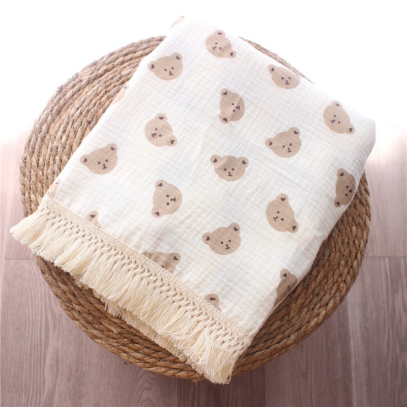 Printed fringe muslin blanket / selimut bayi rumbai / selimut muslin