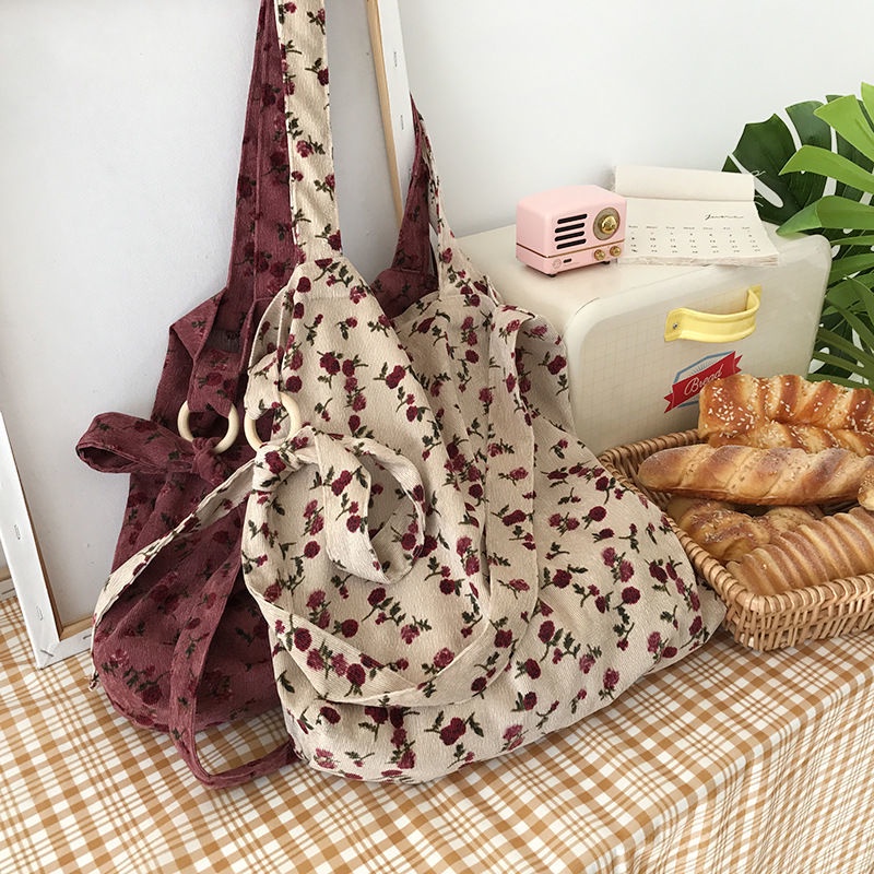 Sear❏Rose Corduroy Tas Bahu Wanita Tote Bag Kapasitas Besar Tas Kanvas In Net Merah Kecil Tas Kain Messenger Tas