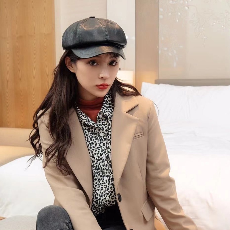 Topi Baret Bahan Kulit PU Motif Bintang Gaya Korea Retro Serbaguna