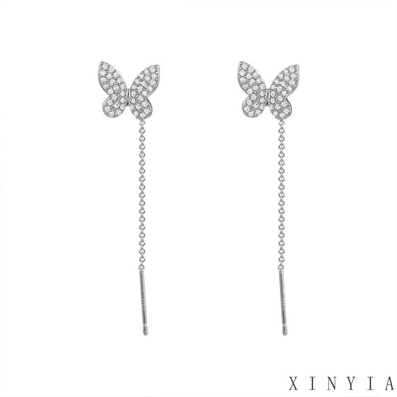 【Bayar di tempat】Mode kecenderungan Korea Selatan Butterfly Anting Rumbai Panjang Desain Kupu-Kupu Aksen Berlian Untuk Wanita