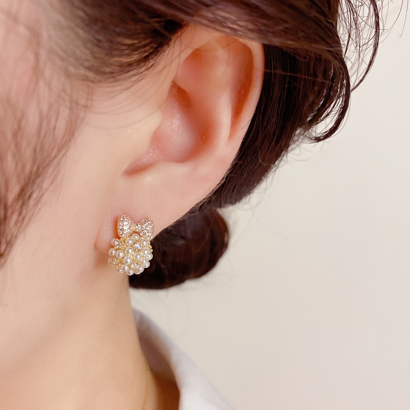 Anting Tusuk Silver Wanita Desain Pita Hias Zircon Mutiara Gaya Jepang Korea