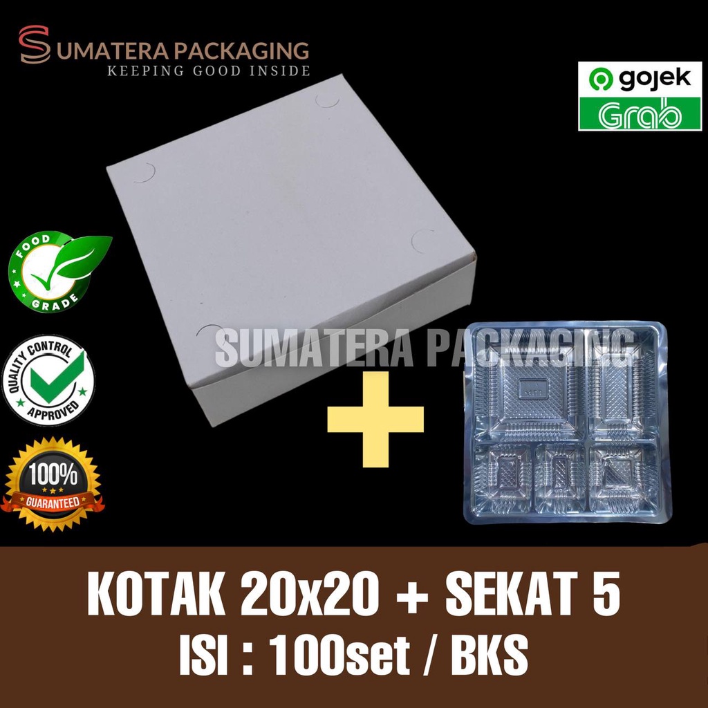 Kotak Nasi Makan 20x20 cm PUTIH + Mika Sekat 5 isi 100pcs Box Snack