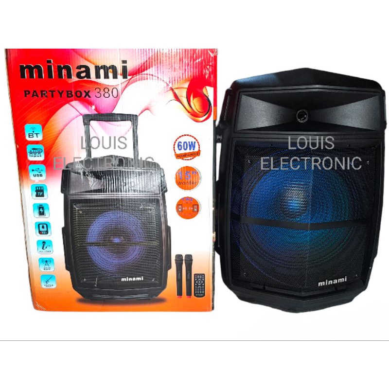 Speaker Portable Minami PARTYBOX 380 15 Inch 2 Mic Wireless ORIGINAL